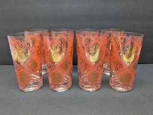 Vintage Gay Fad MCM Pink Gold Glasses SET OF 8 Highball Grapes Pears Pineapple - Picture 1 of 11