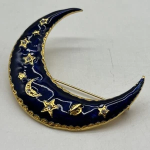Broche prendedor vintage luna creciente esmalte azul estrás estrella celeste tono dorado - Imagen 1 de 11