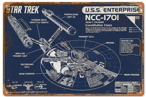 Star Trek U.S.S. Enterprise NCC-1701 Blueprint Cut Away Tin Metal Sign 8"x12" - Picture 1 of 4