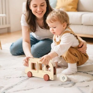 Cylinder Blocks Wooden Bus Toy Wooden Cartoon Animal Bus Early Learning - Picture 1 of 12