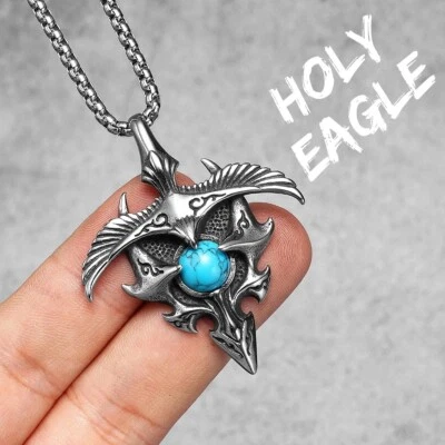 Colgantes Águila Hombres Gema Verde Santa Libertad Collar 316L Cadena Acero Inoxidable Foto 1 de 4