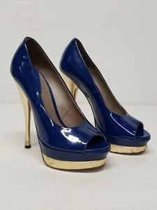 VERSACE BLUE PATENT LEATHER PEEP TOE DOUBLE PLATFORM HEELS PUMPS 36.5 US 6.5 - Picture 1 of 12