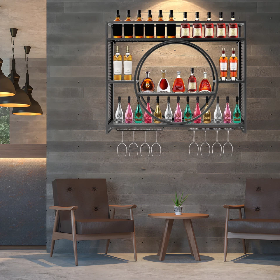 Metal Wine Rack Wall Mounted Bar Shelves with Wine Glass Holder Kitchen Black - Image 1 of 4