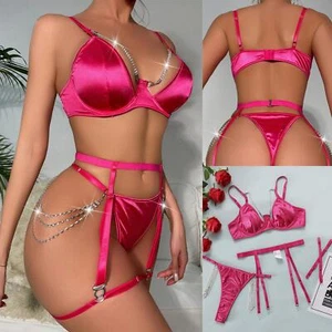 Women's Sexy Underwired Garter Chain Strappy Satin Bra Panty Lingerie Sets Xmas - Picture 1 of 18