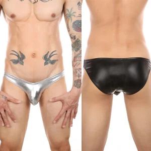 Men Wet-Look Briefs Boxers Shorts Pouch Underwear Faux Leather Underpants - Picture 1 of 16