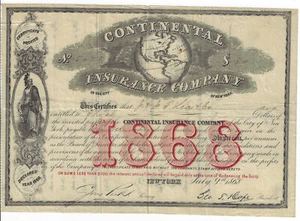 NEW YORK 1868 Continental Insurance Company Stock Certificate George T Hope - Picture 1 of 2