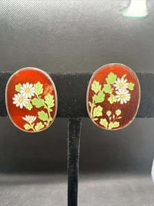 Vintage Silver Enamel Pink Rose, Red Screwback Earrings 3/4" - Picture 1 of 6