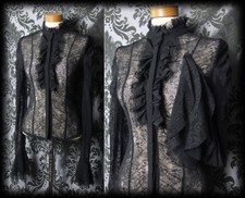 Gothic Black Lace Frill Jabot VICTORIAN GOVERNESS High Neck Blouse 6 8 Steampunk