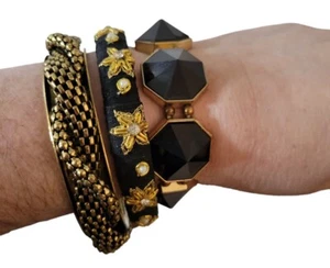Schwarz Goldfarben Armband 3er Set Armreifen Stretch - Bild 1 von 4