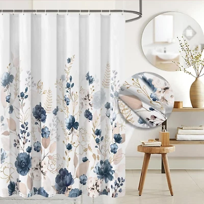 Aesthetic Navy Blue Floral Shower Curtain Sets, Watercolor Gold Flowers Leaves B - Image 1 of 4