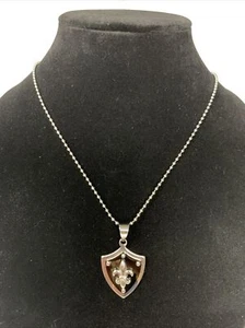 NES Jewelry Shield Fleur De Lis Necklace Regal Cosplay Stainless Gunmetal Signed - Picture 1 of 12