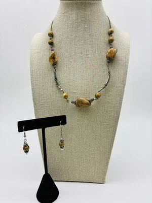 Conjunto de aretes collar cuentas piedra marrón tono plata boho moda joyería mujer Foto 1 de 4