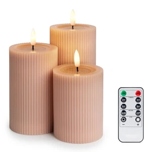Set of 3 Blush Beige Ribbed LED Candles – Flameless, Remote, Battery Operated - Picture 1 of 9