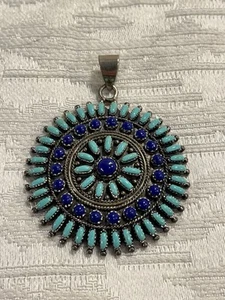 Vintage Native American Signed FD 925 Petit Point Turquoise Drop Pendant -- 2791 - Picture 1 of 9