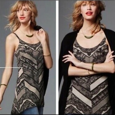 Cabi Lace Overlay Chevron Print Tank Top Camisole Tunic Beige Black Size Medium - Image 1 of 4