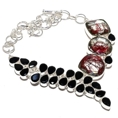 Rosso Rutilo Quarzo, Onice Gemma 925 Argento Sterling Gioielli Collana 45.7cm - Immagine 1 di 4