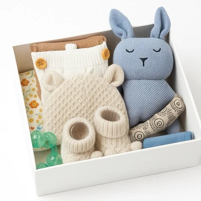 Neutral Baby Gift Set – Knit Romper Booties, Hat, Knitted Bunny Baby Shower Gift - Image 1 of 4