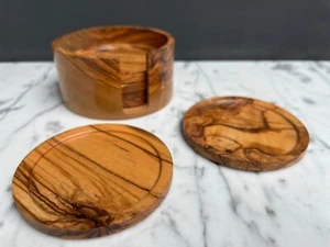 Vintage French 70's Olive Wood 6 Coasters with Holder - Picture 1 of 11