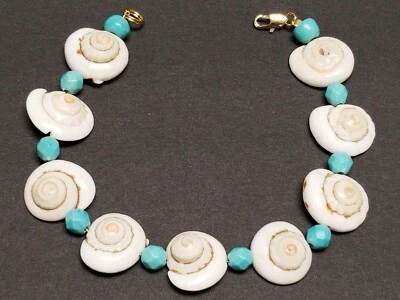 HandCrafted Genuine Coiled Shell & Turquoise Lucite Bead Bracelet 7.5" - Image 1 of 4