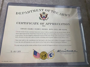 1970 Certificado de agradecimiento, firmado por el general del ejército W.C. Westmoreland - Imagen 1 de 2