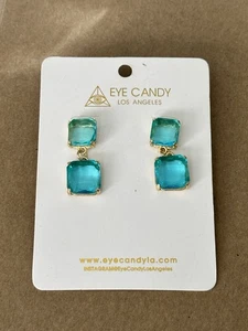 ๐ Eye Candy LA Teal Double Gem Drop Earrings โ Gold-Tone, Post Backs - Picture 1 of 5
