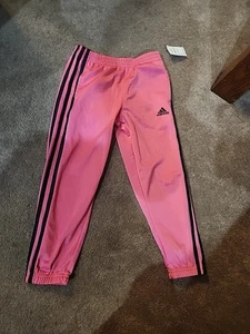 Adidas Girls Track Pants Size 5 Black Pink Stripes Athletic Joggers New - Picture 1 of 10