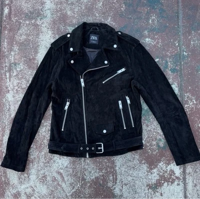 Chaqueta de moto Zara hombre 100 % cuero suade con cinturón talla grande Foto 1 de 4
