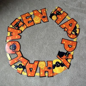 Happy Halloween Banner Sign Black Bat Amscan Jointed Die Cut Vintage - Picture 1 of 3