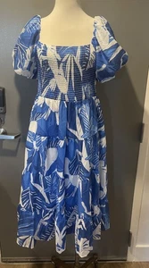 Crystal Doll gesmoktes kurzes Puffärmel blau-weiß geblümt gefüttertes Kleid Gr. XL - Bild 1 von 8