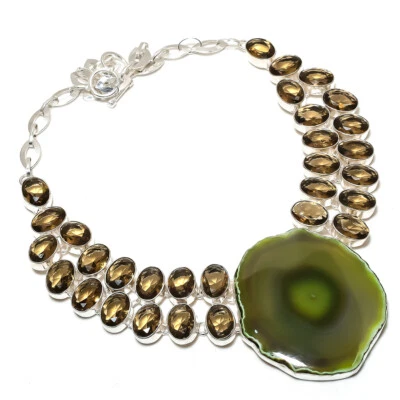 Botswana Agate Smoky Quartz Gemstone Necklace Handmade Gift Jewelry 18" BN 6846 - Image 1 of 4