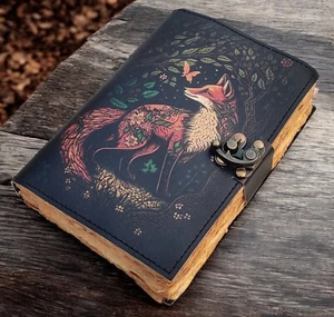 Handcrafted Boho Elegant Fox Design Leather Journal - Handmade Paper 7x5 Inches - Picture 1 of 5