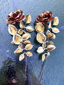 Vintage Pair MCM Brass Copper Roses Flower Wall Arts- Large Heavy Detailed! - Picture 1 of 9