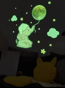 Adesivo Murale Da Parete Luminoso Con Elefante, Stelle E Palloncino Luna Piena - Foto 1 di 8