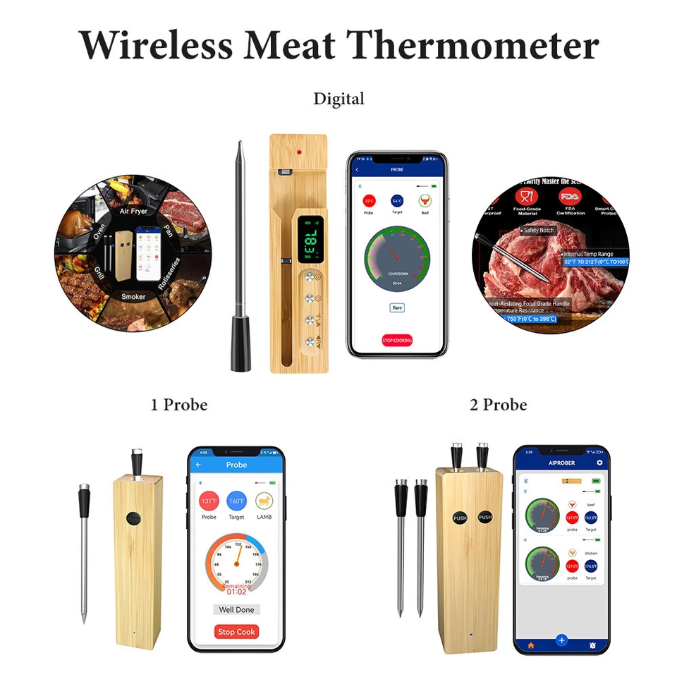 Bluetooth 2 Probe Meat Thermometer Wireless Roast BBQ Turkey Kitchen Cooking New - Image 1 of 4
