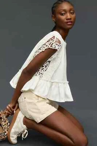 NUEVO Top By Anthropologie Babydoll Encaje Algodón S Color Blanco Nuevo con Etiquetas - Imagen 1 de 8