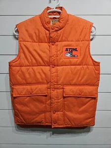 Vtg Stihl Chainsaw Logging Lumberjack Orange Down Farm Puffer Vest Mens Large - Picture 1 of 7