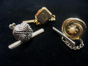 Tie Tacks Three Silver Gold Color Pearl Imitation "D" Lot of Three - Picture 1 of 4