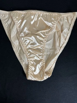 XL ALMOND COLOR SATIN SECOND SKIN HIGH CUT  BIKINI PANTIES W/100% COTTON GUSSET - Image 1 of 4