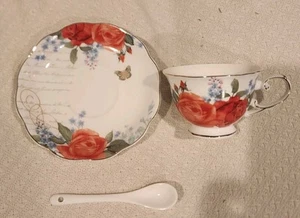 Sweet Living Rose Teacup With Saucer Spoon Decor Red Flowers - Picture 1 of 3