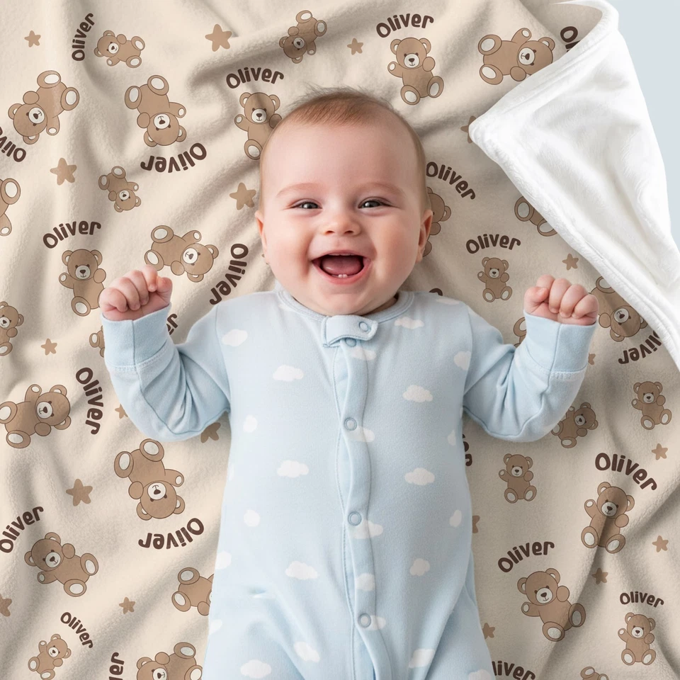Personalized Baby Soft Fleece Bear Blanket, Custom Name Newborn Blanket - Image 1 of 4