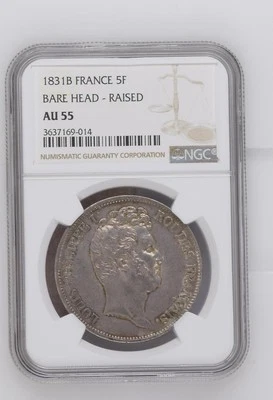 1831 B FRANCIA Plata 5 FRANCOS NGC AU-55 CABEZA DESNUDA - LEVANTADO Foto 1 de 2