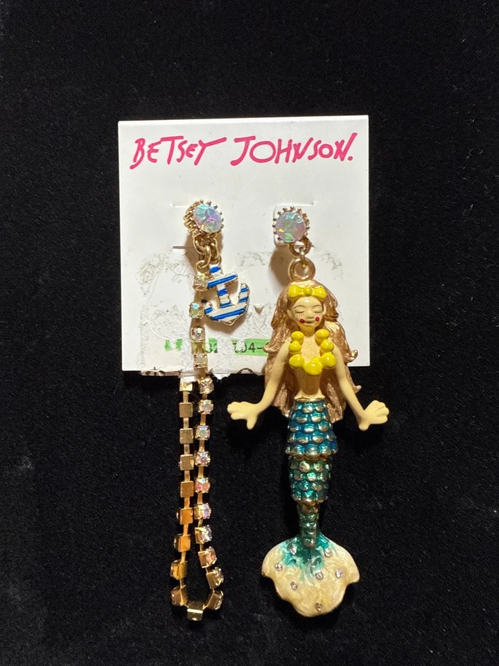 Винтажные серьги Betsey Johnson с морским усилением блондинка русалка якорь несоответствие - Изображение 1 из 2