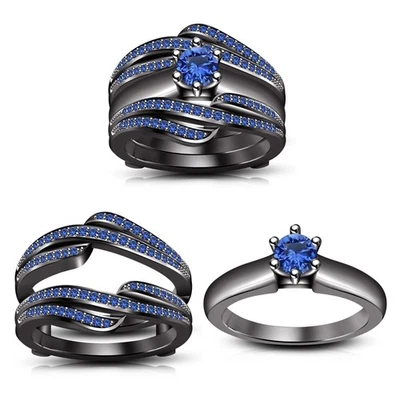 Juego de anillos de compromiso nupciales de zafiro creados en laboratorio redondos de 2 quilates de oro negro de 14 quilates Foto 1 de 2