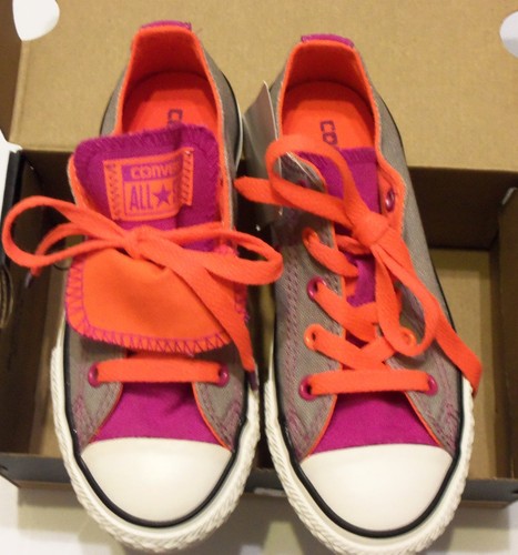 Scarpe sneakers Converse All Star grigio arancione rosa taglia 12 Y lacci doppia lingua