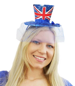 VE DAY UNION JACK MINI FASCINATOR TOP HAT BRITISH LADIES FANCY DRESS VEIL - Picture 1 of 7