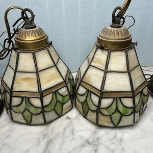 Drahtpaar antike Tiffany Stil Pendelleuchten Buntglas seltener Schirm - Bild 1 von 5