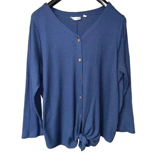 Top Belle Kim Gravel Mujer 2X Camisa Tejido Gofre Botón Corbata Frontal Térmica Azul - Imagen 1 de 7