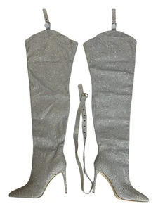 AZALEA WANG Jinny Embellished Thigh High Denim Chap Silver Boots Size 12 - Picture 1 of 10
