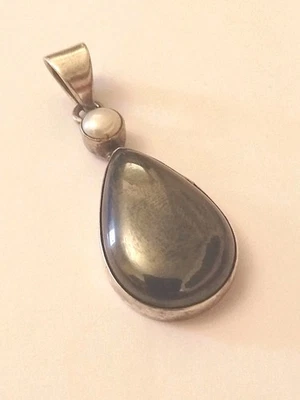 Large Sterling Silver Hematite Pearl Teardrop Pendant Hallmarked 14.5g 50x20mm - Image 1 of 4