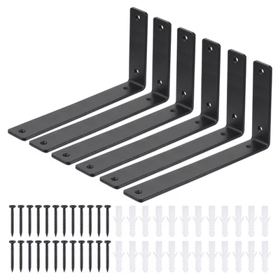 6Pcs Floating Shelf Brackets 12 Inch Iron L Shelf Brackets Supports Black - image 1 of 4